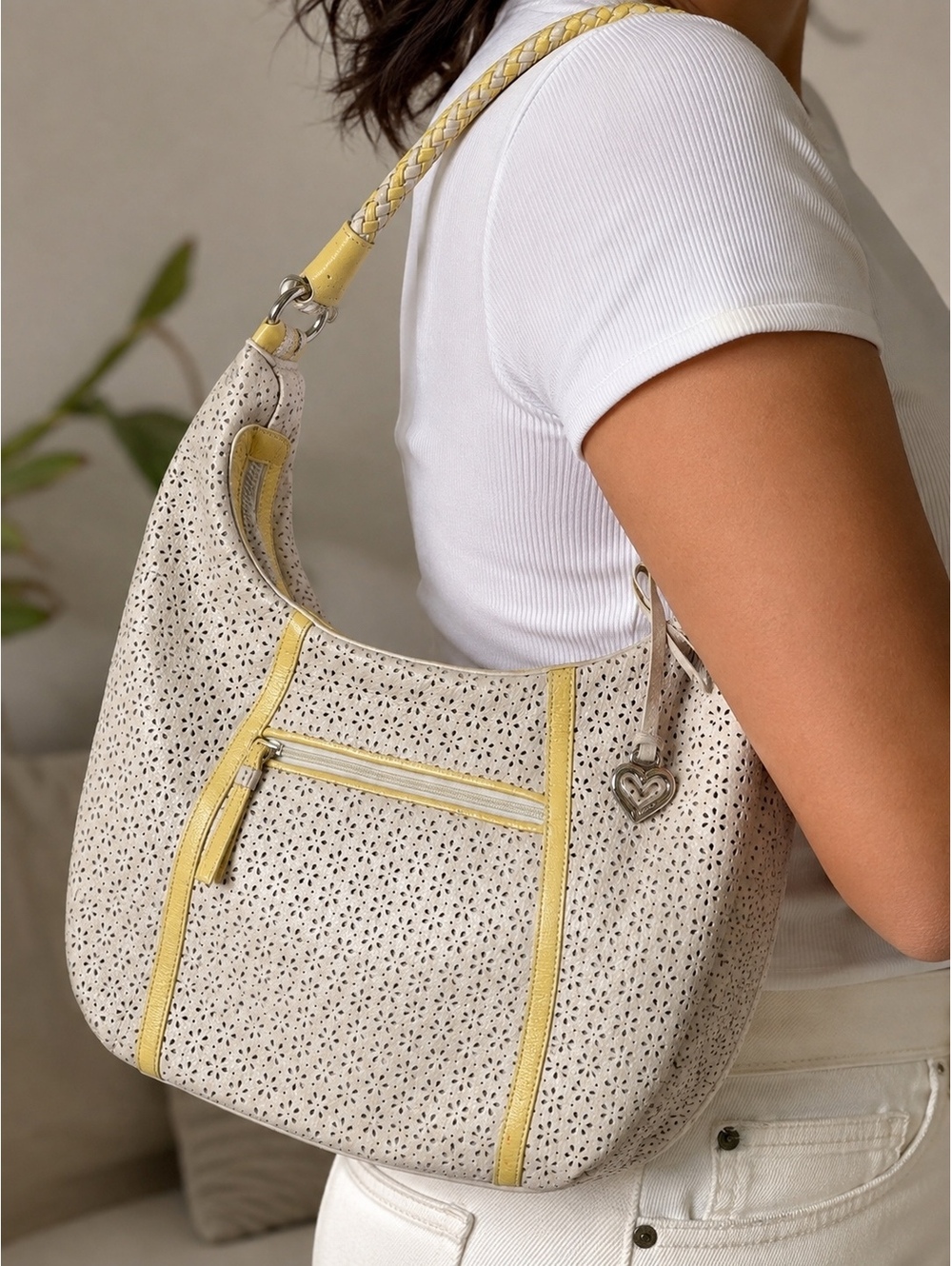 Brighton Cream & Yellow Perforated Leather Hobo Shoulder Bag W/ coin wallet